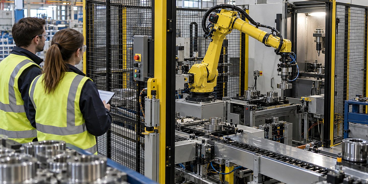 A robot placing components into indexed trays, with a feeder or conveyor on one side and full-tray outfeed within the guarded cell.